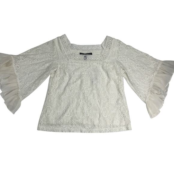 White House Black Market White Bell Sleeve Lace Square Neck Blouse Size XS - Picture 5 of 16